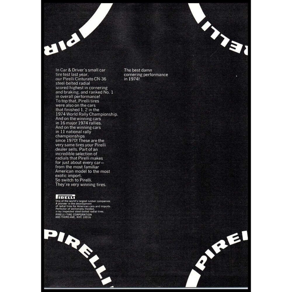 1975 Pirelli Cinturato CN-36 Tires Vintage Print Ad Minimalist 70s Wall Art